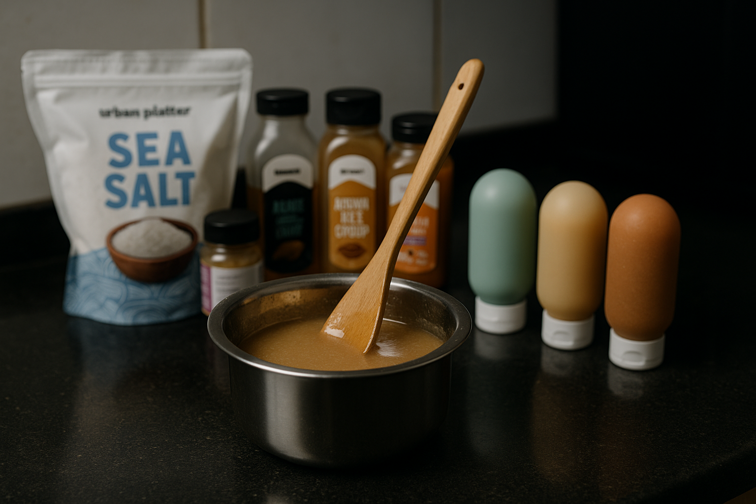 Homemade energy gel ingredients with sea salt, syrups, and a pot with wooden spoon